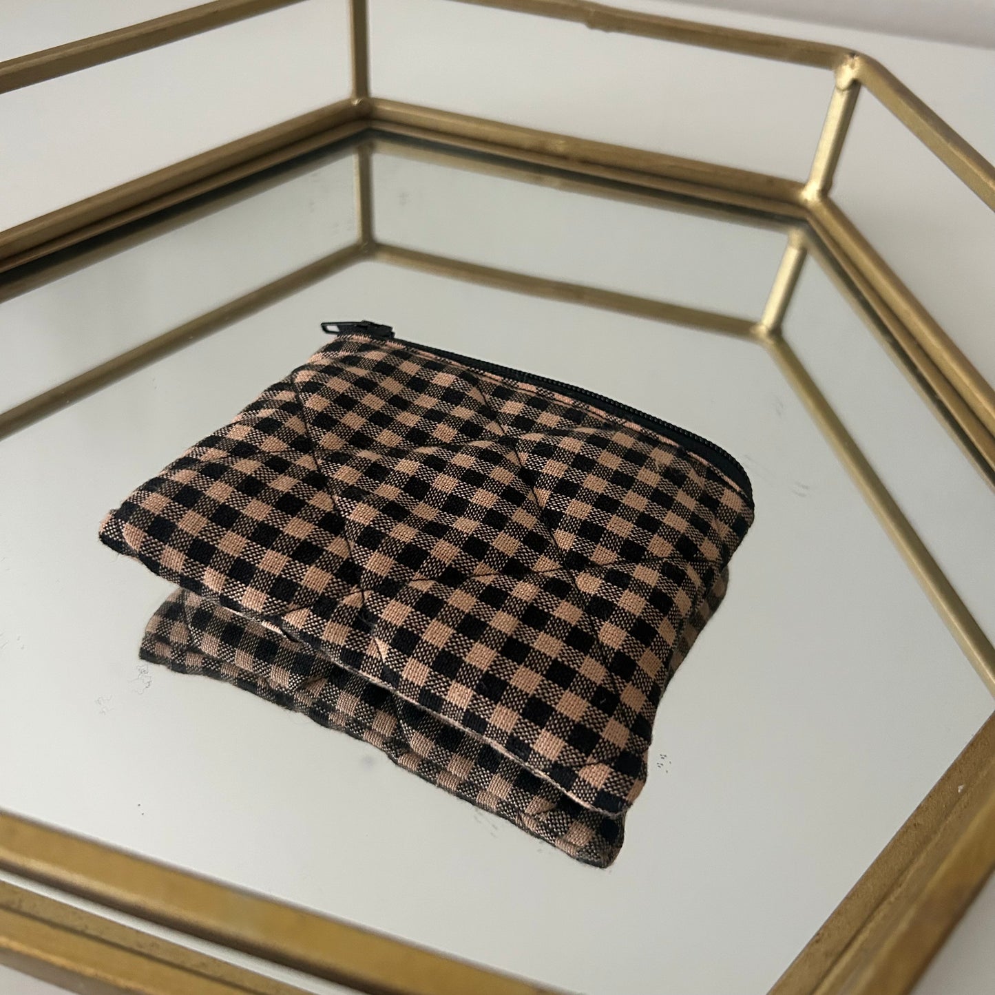 Brown Checkered Quilted Coin Pouch