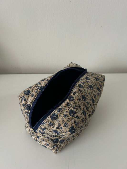 Blue Floral Quilted Makeup Pouch