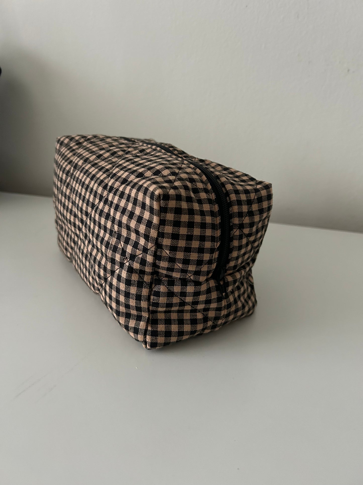 Brown Checkered Quilted Makeup Pouch