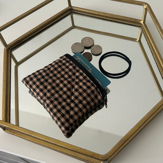 Brown Checkered Quilted Coin Pouch