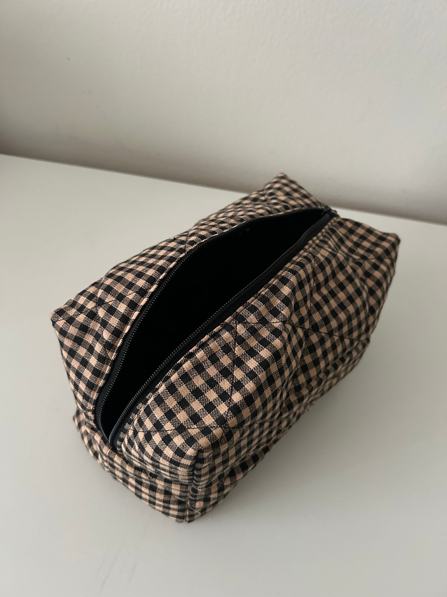 Brown Checkered Quilted Makeup Pouch